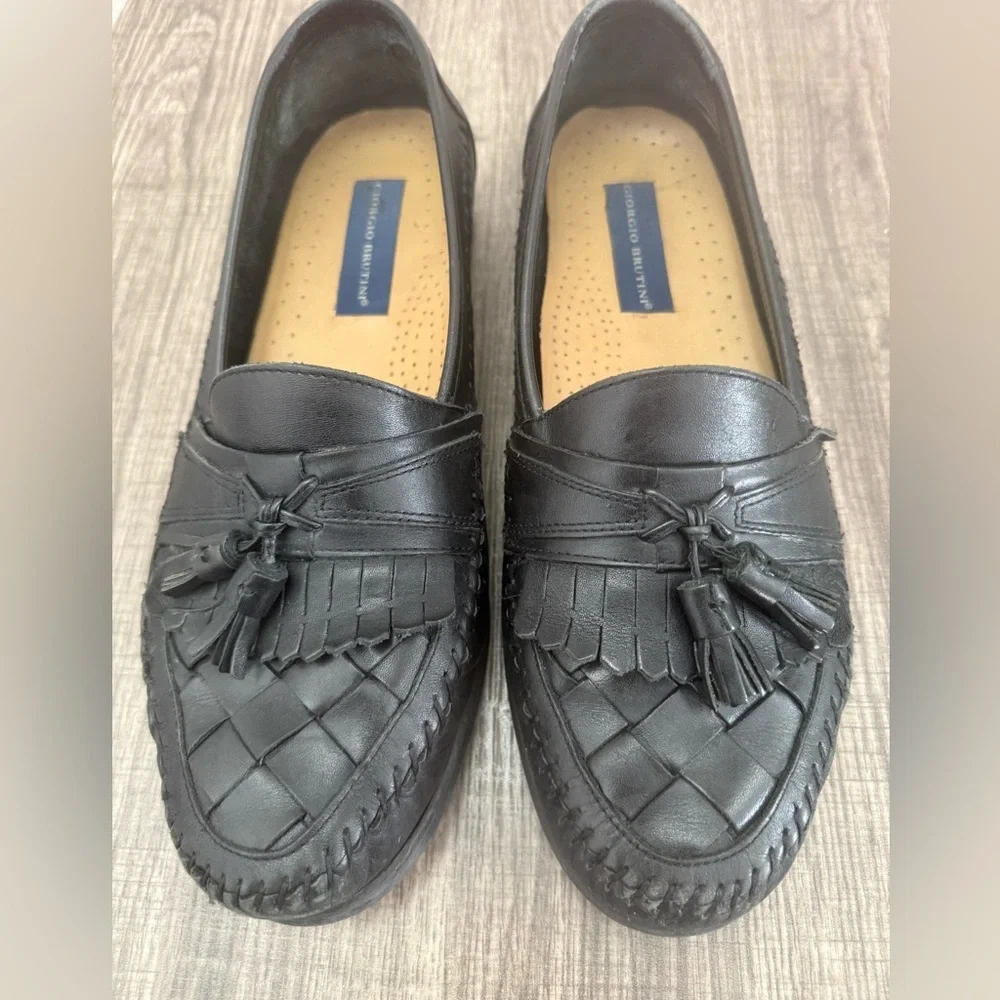Giorgio Brutini Black Woven Tassel  Leather Loafers